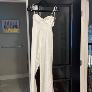 white shoulder tie jumpsuit